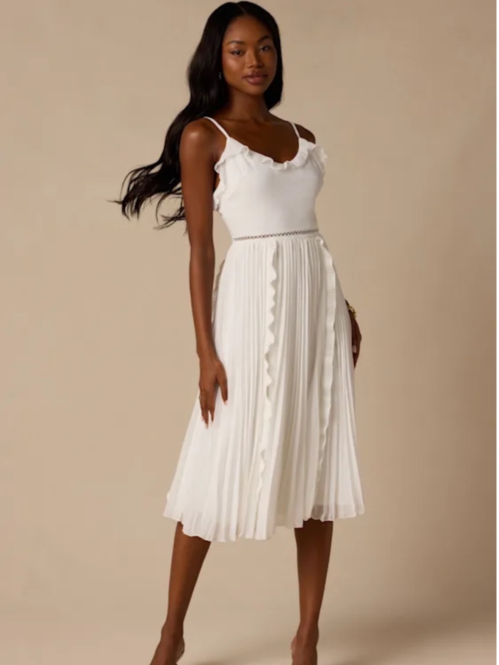 Lulu's Never a Dull Moment White Tie-Strap Pleated Midi Dress